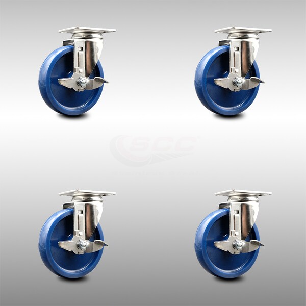 5 Inch 316SS Solid Polyurethane Wheel Swivel Top Plate Caster Set with Brake SCC